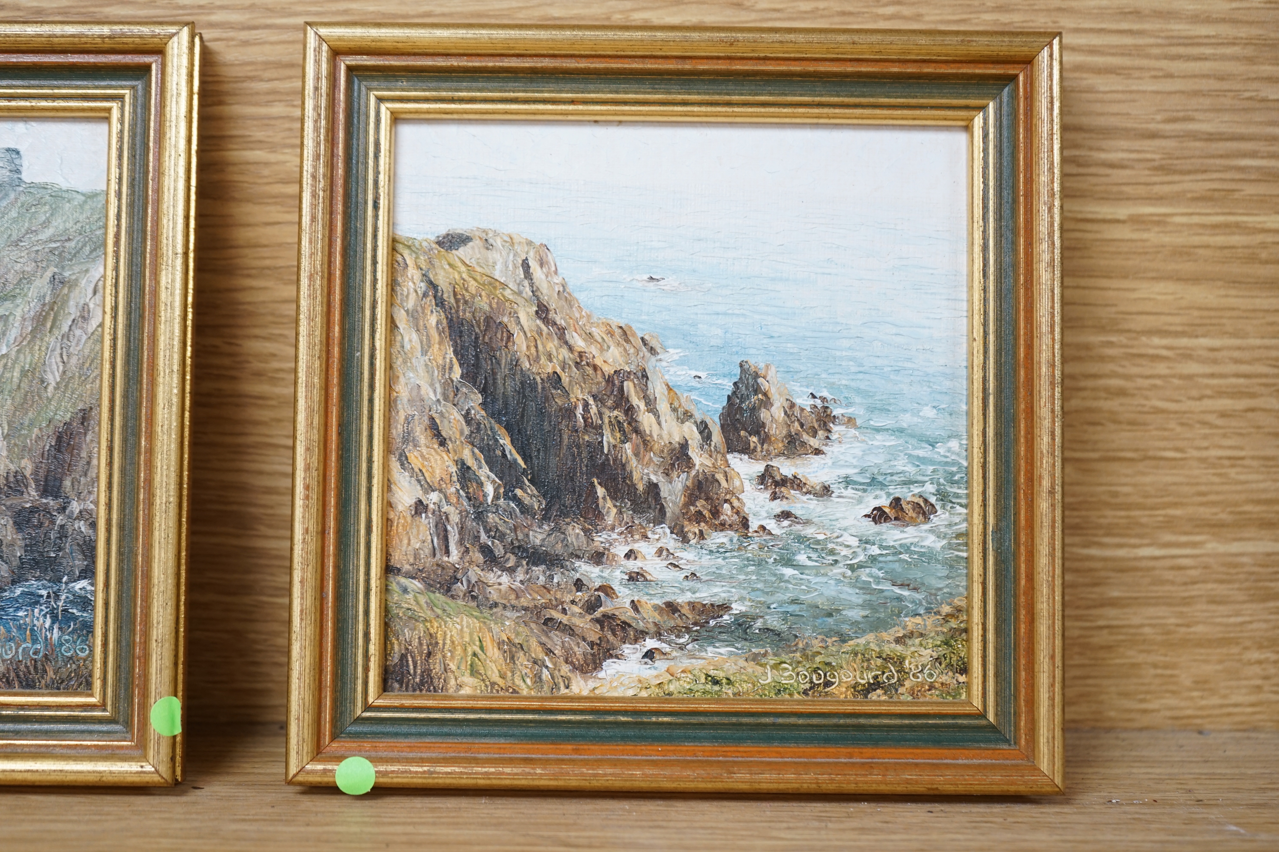 Jacqueline Bougourd (20th. C) pair of oils on board, Jersey views, including, ‘’Cannon Rock, Petitport’’, signed and dated ‘86, 12 x 12cms